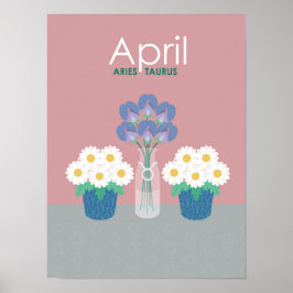 Póster Abril- Flores de nacimiento y símbolos zodiacos