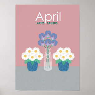Póster Abril- Flores de nacimiento y símbolos zodiacos