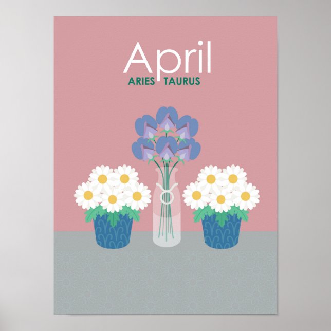 Póster Abril- Flores de nacimiento y símbolos zodiacos (Frente)