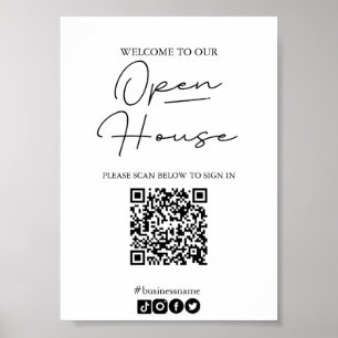 Póster Abrir Rótulo de la casa en la hoja con código QR