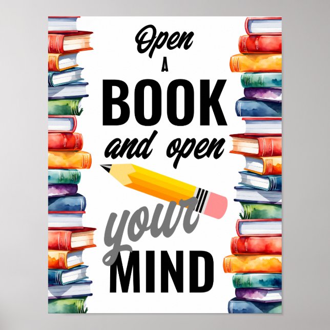 Póster Abrir un libro y abrir la biblioteca de la escuela (Frente)