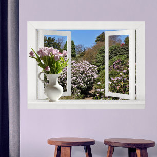 Póster Abrir ventana al jardín con tulipanes rosados