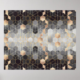 Póster Absorción geométrica de hexagones en negro y w