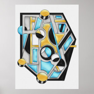 Póster Abstracción geométrica contemporánea dorada y azul
