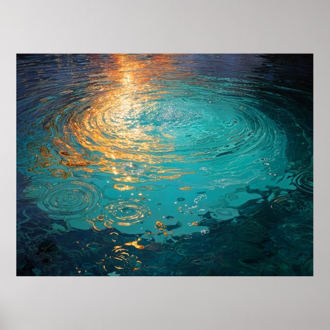 Póster Abstract Aqua Waves with Golden Sunlight (Frente)