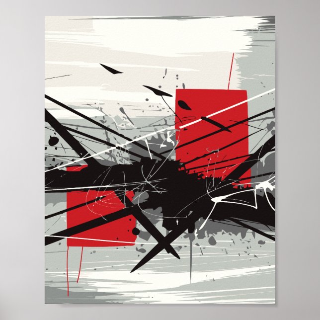 Póster Abstract Art with Red Blocks & Black Strokes (Frente)