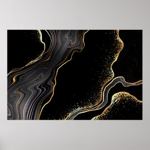 Póster abstract black agate background with golden veins,