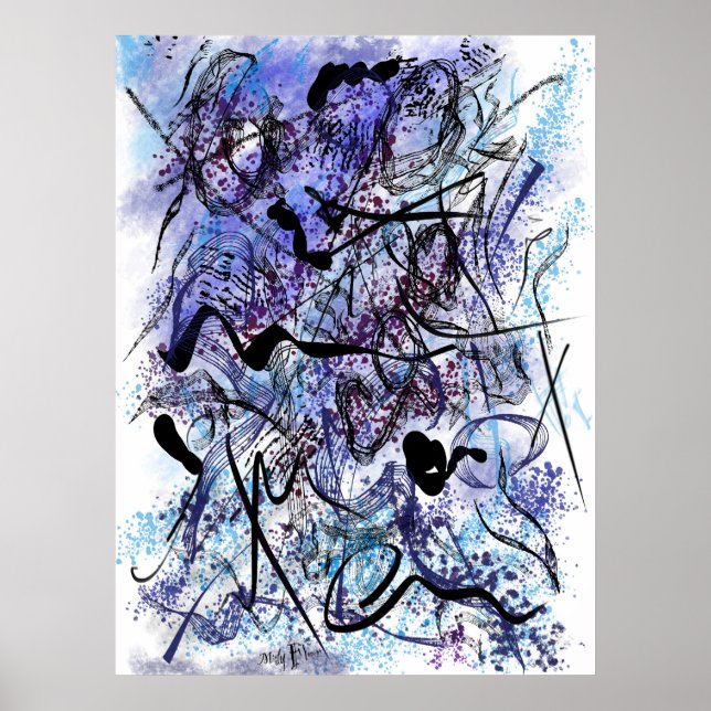 Póster Abstract Blue Black Brushstrokes Splashes Wall Art (Frente)