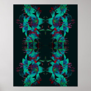 Póster Abstract Blue Lily Flowers Raindrop