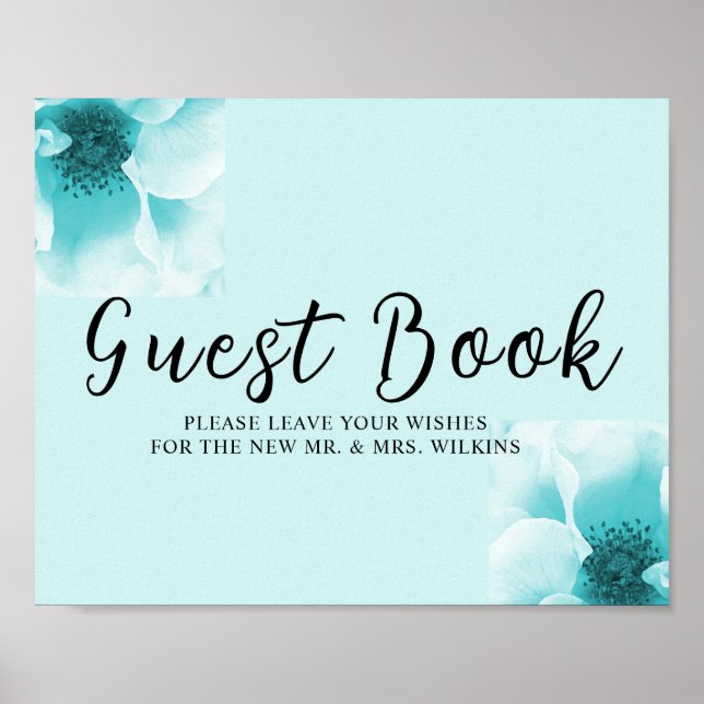 Póster Abstract Blue & White Florals Guest book Sign (Frente)