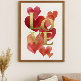 Póster Abstract Hearts and Gold LOVE Typography Art 