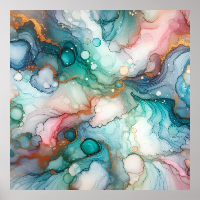 Póster Abstract in Pink, Teal, Blue, and Gold (Frente)