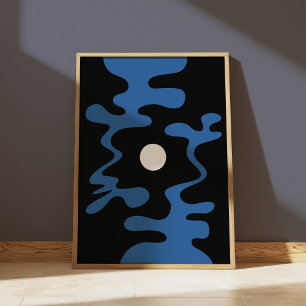 Póster Abstract Moon Shapes Blue Black Modern Wall
