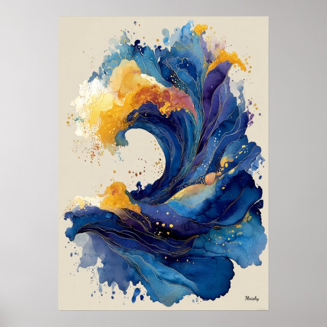 Póster Abstract Ocean Wave Liquid Art Blue Gold Fluid  (Frente)