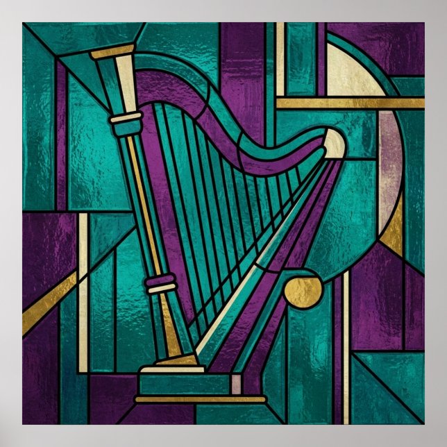 Póster Abstract Stained Glass Harp Poster Teal and Purple (Frente)