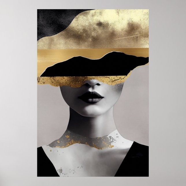 Póster Abstract Woman Gold Black Surrealist Art Elegant (Frente)