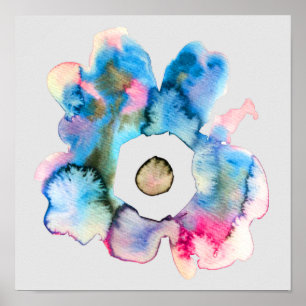 Póster Abstracto azul floral en poster de acuarela gris