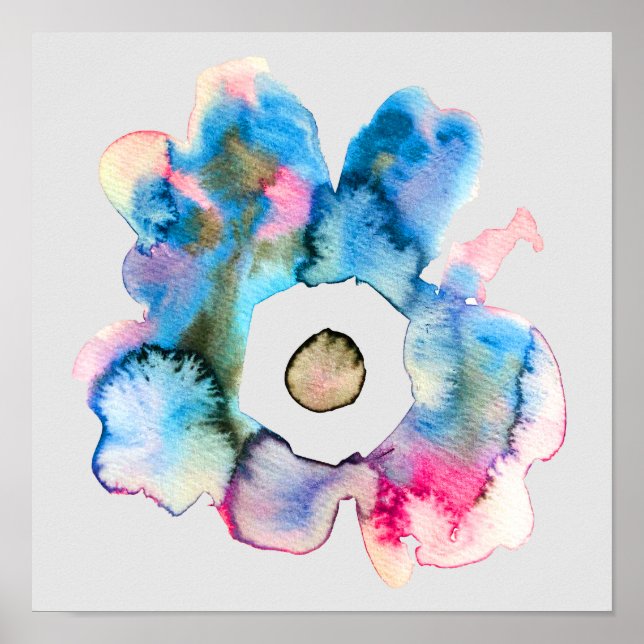 Póster Abstracto azul floral en poster de acuarela gris (Frente)