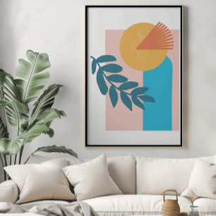 Póster abstracto boho geométrico arco amarillo azu