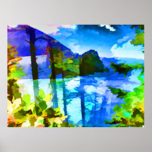 Póster abstracto del océano y montañas