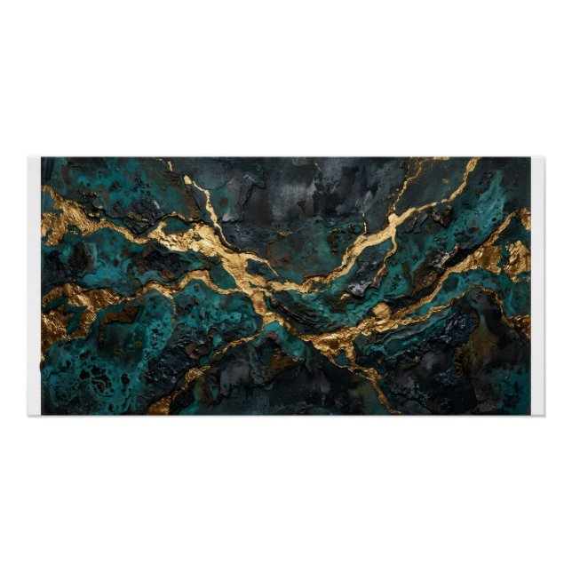 Póster abstracto fluido de mármol dorado verde (Anverso)