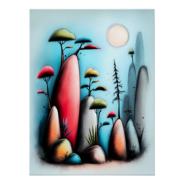 Póster Abstrakte Landschaft mit Bäumen und Mond (Anverso)