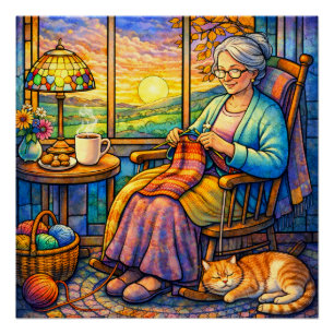 Póster Abuela de Vidrio Pintado Tejiendo, Gato y Hogar Ac