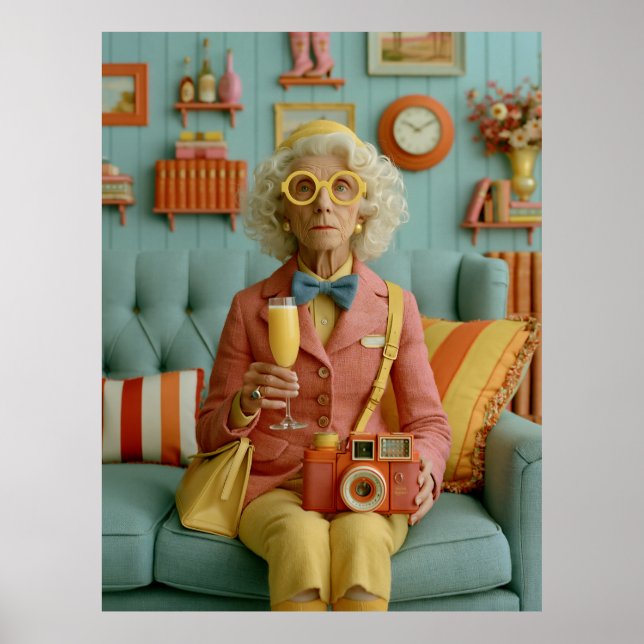 Póster Abuela Retro Caprichosa con Cámara (Frente)
