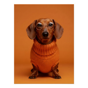Póster Academic Dachshund Portrait - Orange Sweater Dog