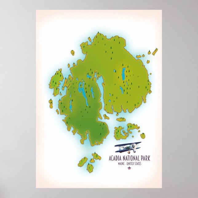 Póster Acadia, Mapa del Parque Nacional Maine Mapa de via (Frente)