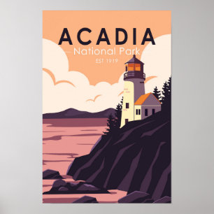 Póster Acadia National Park Maine Lighthouse Vintage