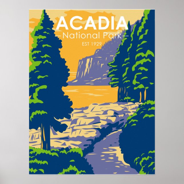 Póster Acadia Parque Nacional Bar Harbour Sendero Océano (Frente)
