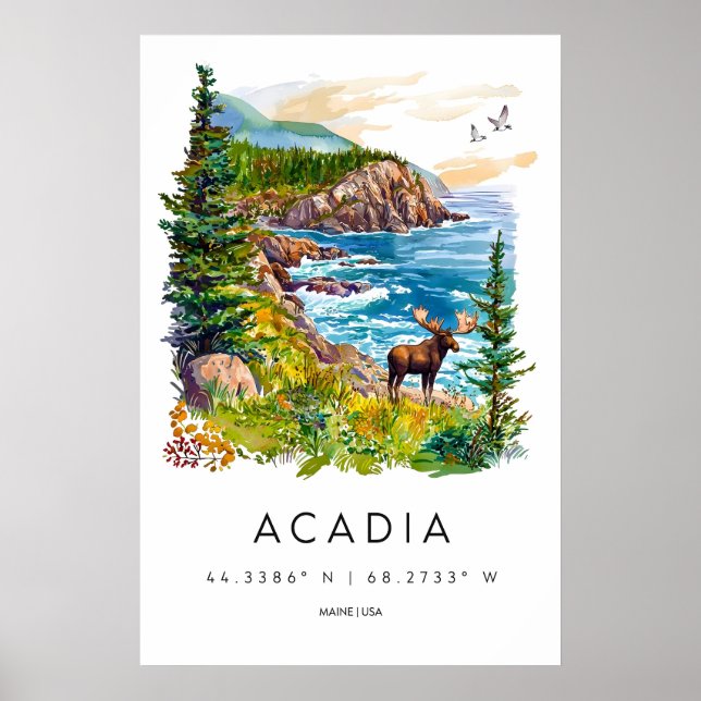 Póster Acadia Watercolor Poster Vintage Park Travel Ski (Frente)