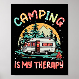 Póster Acampar es mi terapia fogata campamento de verano