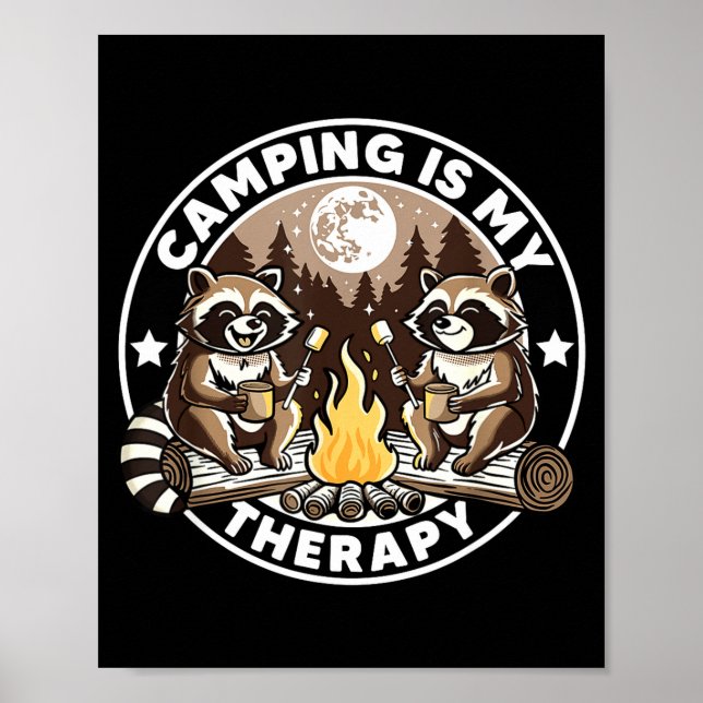 Póster Acampar es terapia hike camping amante mapaches (Frente)