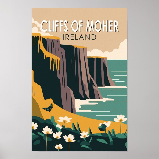 Póster Acantilados de Moher Ireland Floral Travel Art Vin (Frente)