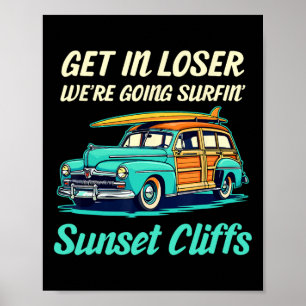 Póster Acantilados del atardecer California Chica surfist