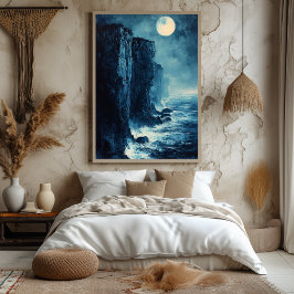 Póster Acantilados del Océano a la Luz de la Luna en Azul