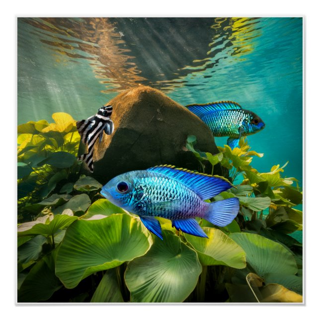 Póster Acara Azul Eléctrico Cichlids Zebra Pleco Fish Art (Anverso)
