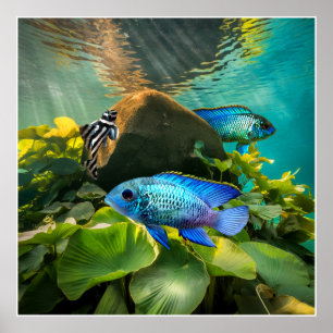 Póster Acara Azul Eléctrico Cichlids Zebra Pleco Fish Art