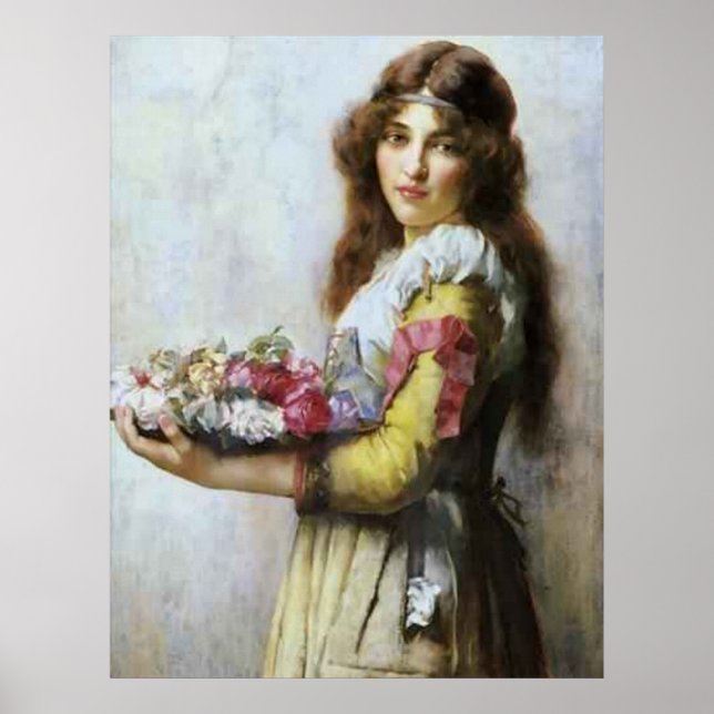 Póster Aceite de época pintado de una joven con flores. (Frente)
