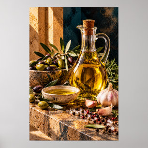 Póster Aceite de oliva dorado con aceitunas y ajo – Rústi