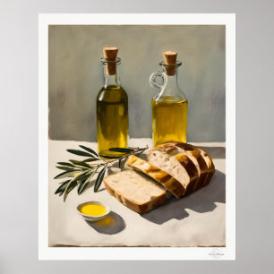 Póster Aceite de oliva rústico y cocina de pan