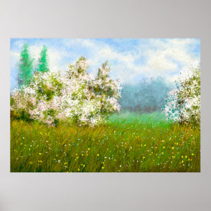 Póster Aceite pinta paisaje rural, flores en el suelo