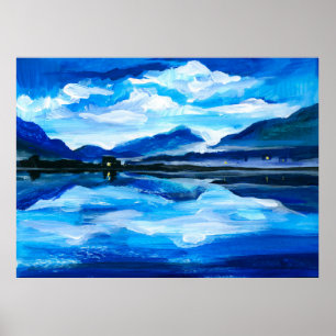 Póster Aceite Pintura del crepúsculo del lago de montaña.