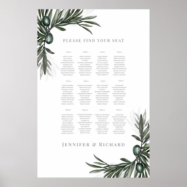 Póster Aceitunas de la tabla de asientos del boda Toscana (Frente)