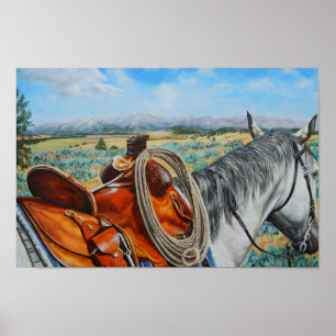 Póster Acobarde el caballo, silla de montar, vaquero,