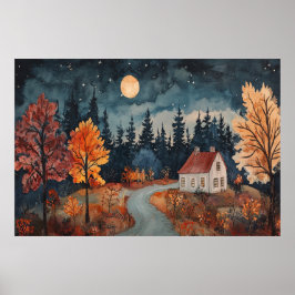 Póster Acogedor Autumage Night Cottage Watercolor Caída A