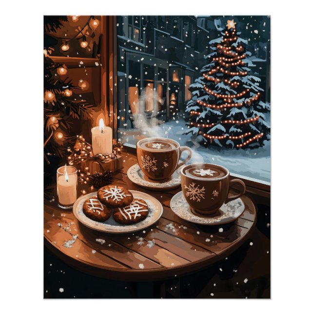 Póster Acogedor café de invierno con café caliente y gall (Anverso)