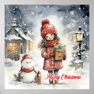 Póster Acogedora escena campestre de Navidades con niñita